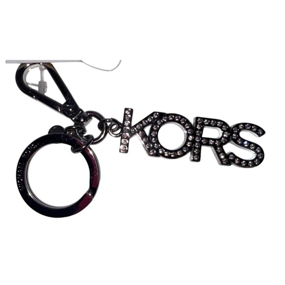 Michael Kors Silver Spellout Crystal Keychain Bag Charm Metal NEW - Picture 1 of 3